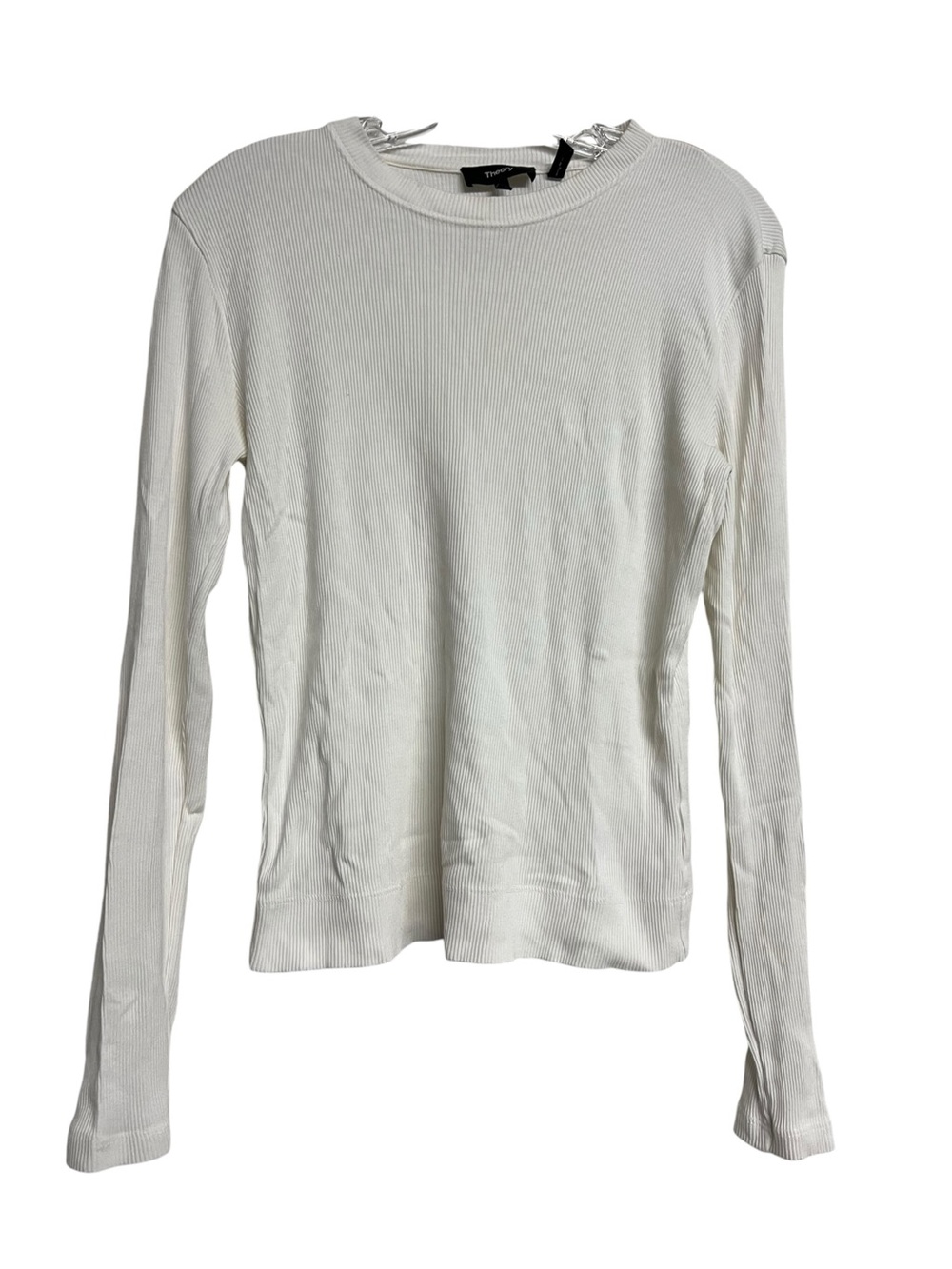 Theory White Ribbed Long-Sleeve Crewneck Top Basic Layering Old Money Minimalist